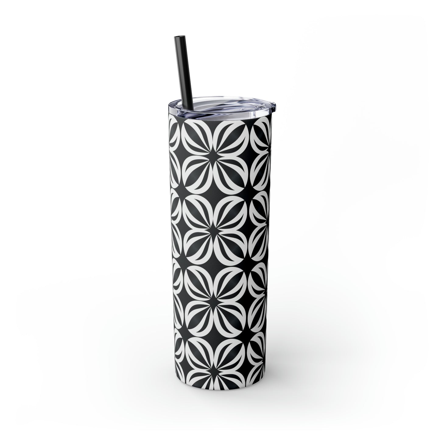 Black and White Mosaic Skinny Tumbler with Straw, 20oz