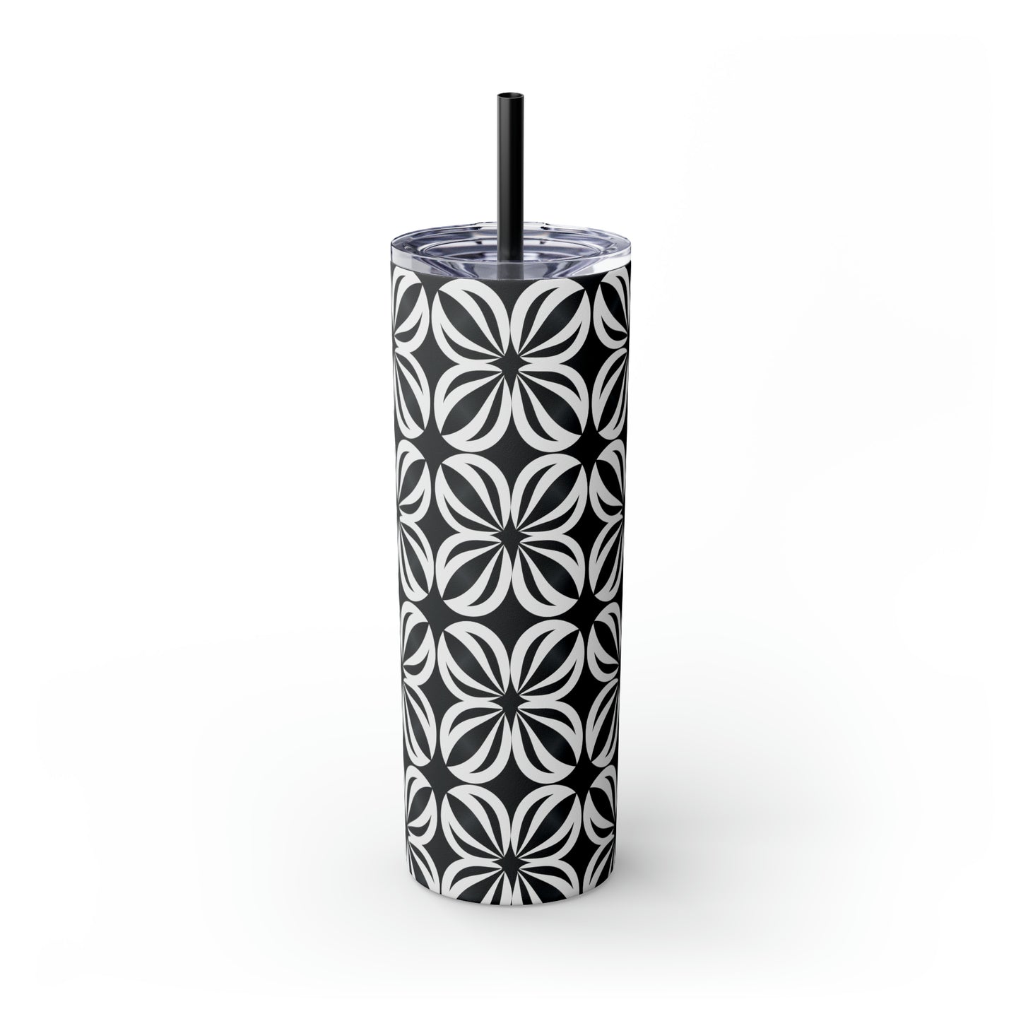 Black and White Mosaic Skinny Tumbler with Straw, 20oz