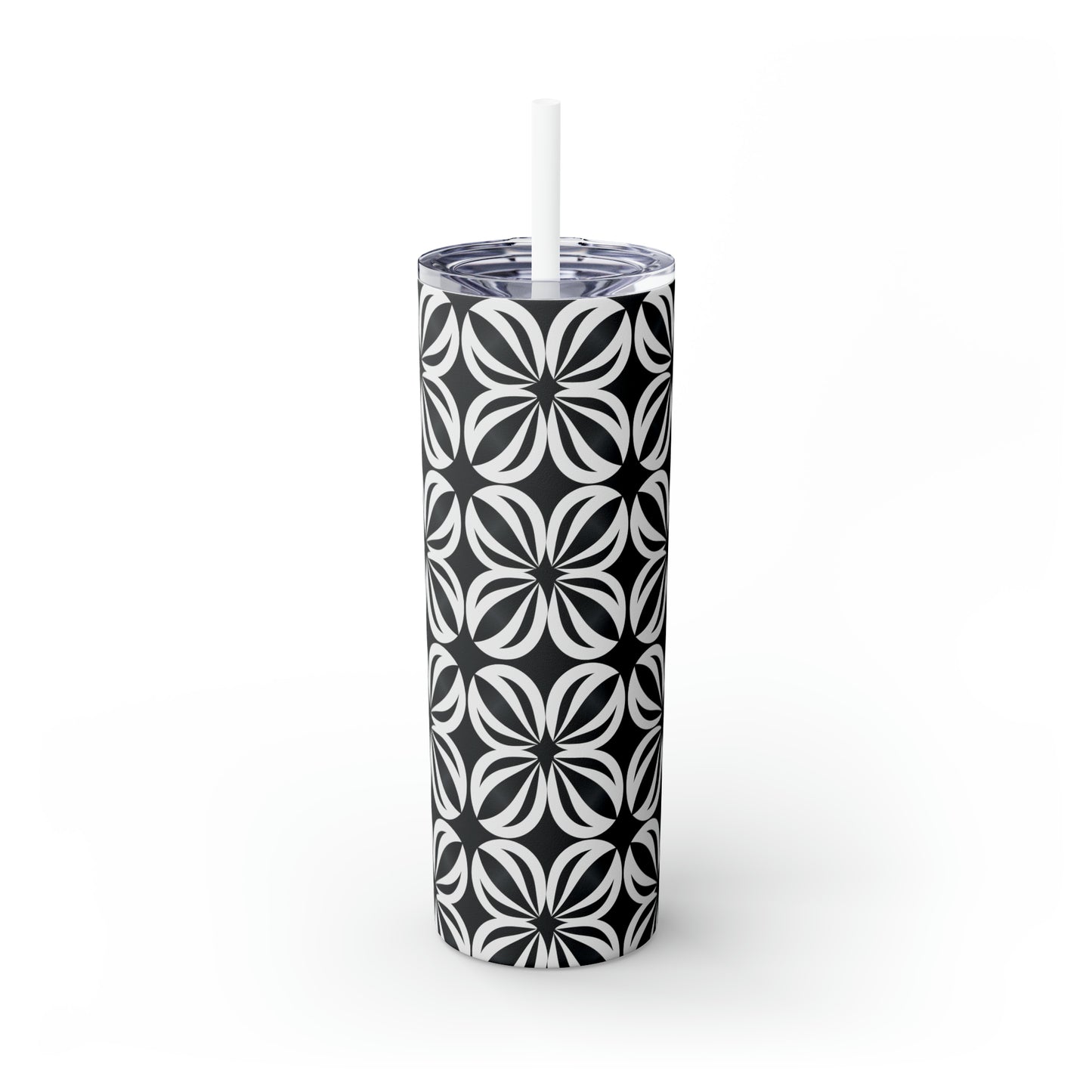 Black and White Mosaic Skinny Tumbler with Straw, 20oz