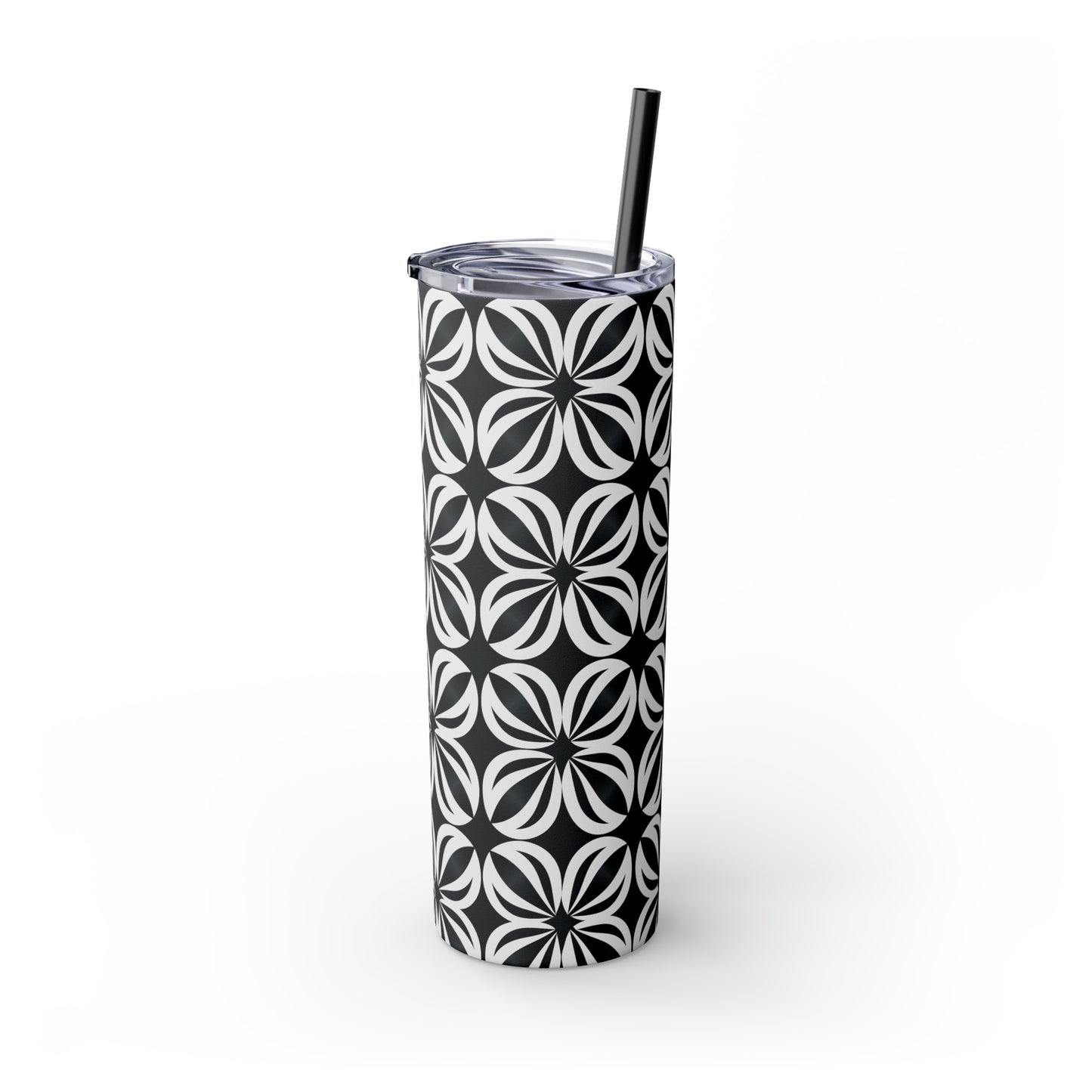 Black and White Mosaic Skinny Tumbler with Straw, 20oz