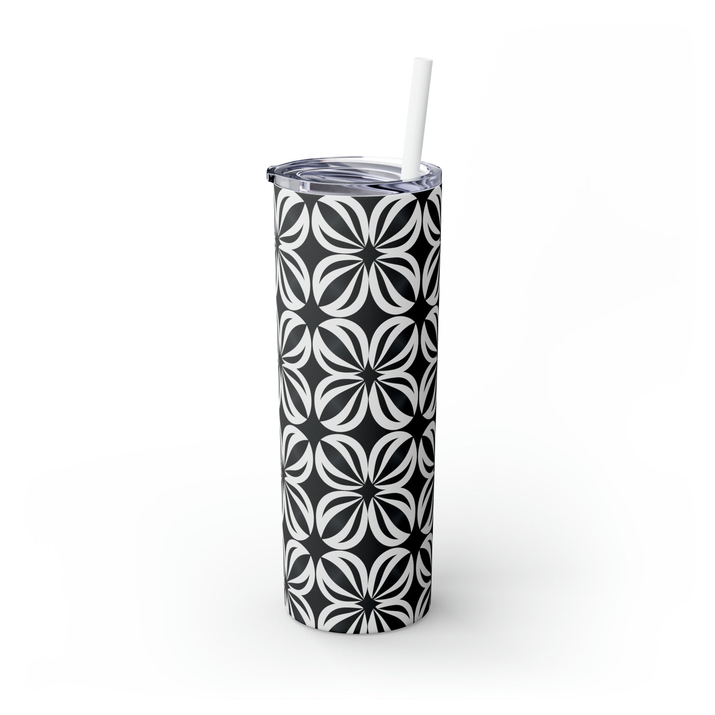 Black and White Mosaic Skinny Tumbler with Straw, 20oz
