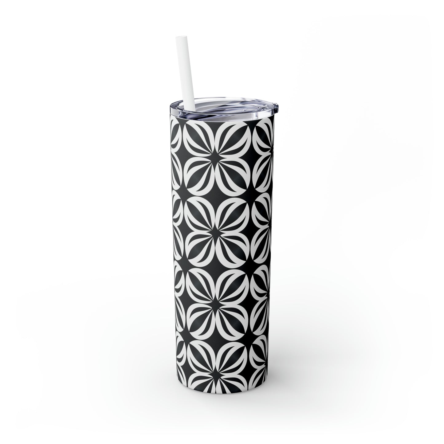 Black and White Mosaic Skinny Tumbler with Straw, 20oz