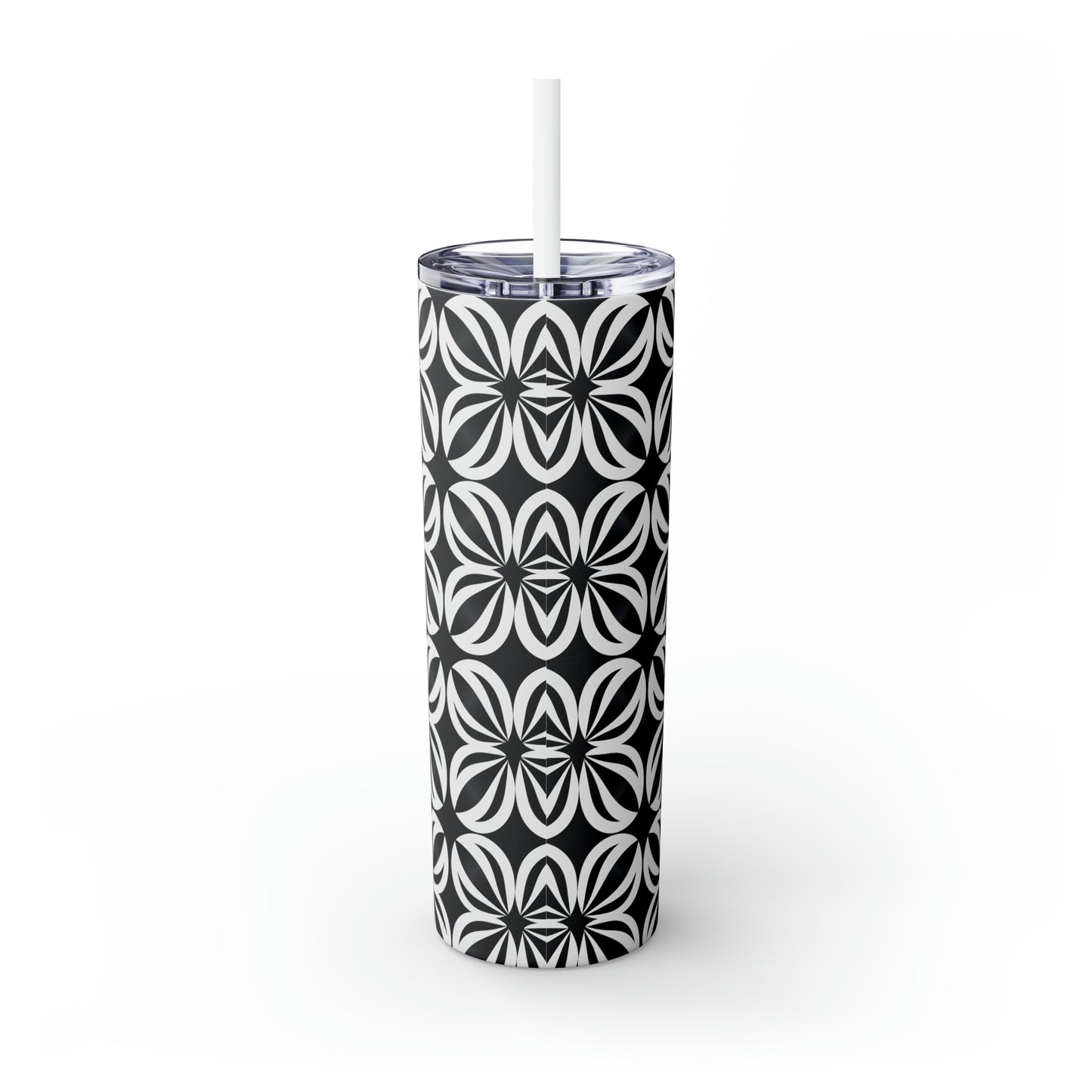 Black and White Mosaic Skinny Tumbler with Straw, 20oz