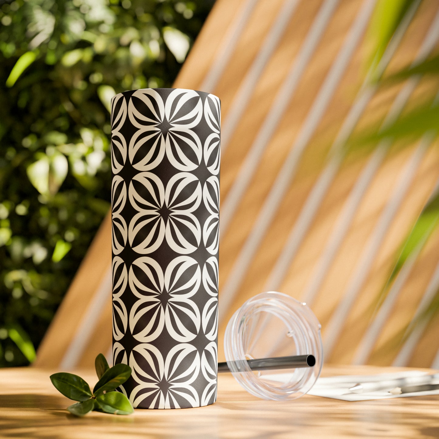 Black and White Mosaic Skinny Tumbler with Straw, 20oz