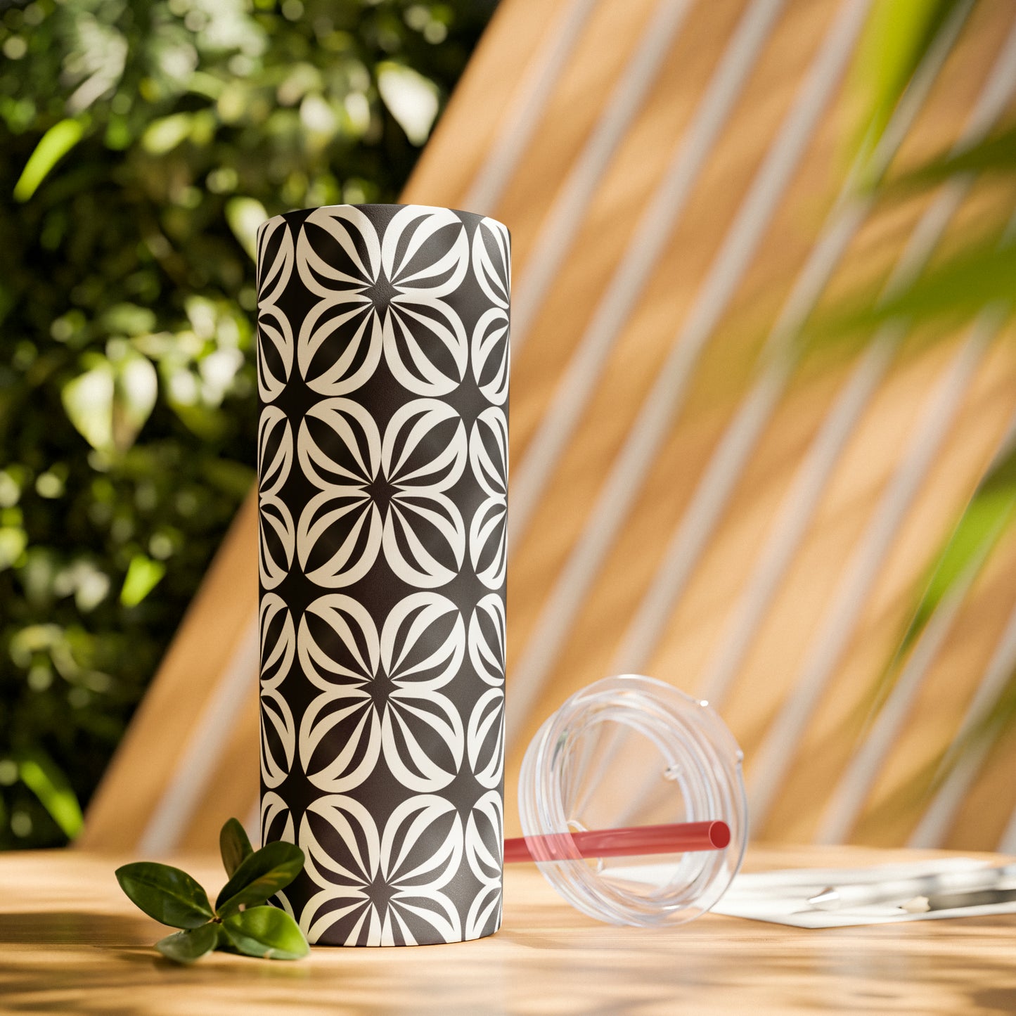 Black and White Mosaic Skinny Tumbler with Straw, 20oz