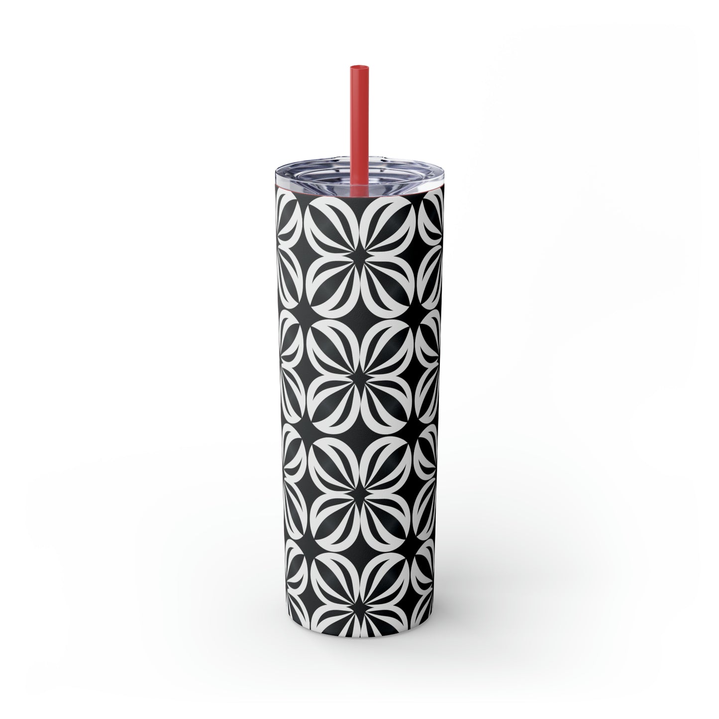 Black and White Mosaic Skinny Tumbler with Straw, 20oz
