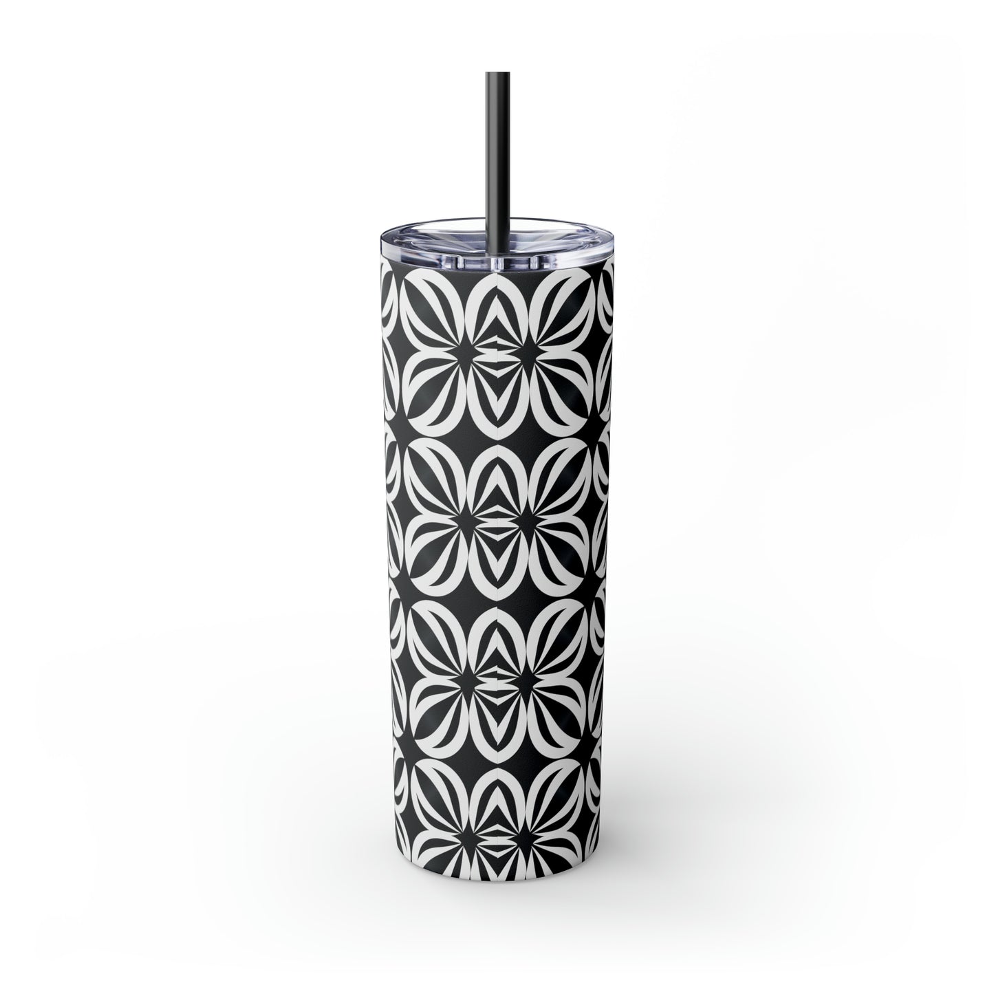 Black and White Mosaic Skinny Tumbler with Straw, 20oz